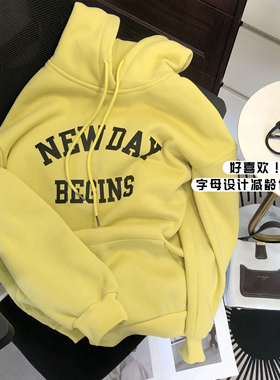 套头加绒秋冬款黄色连帽卫衣女秋冬新款字母印花宽松长袖上衣时尚