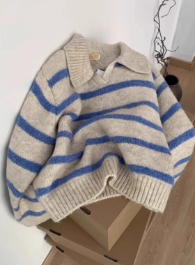 外贸原单尾货大牌欧货小众蓝色条纹polo翻领毛衣秋冬慵懒套头上衣
