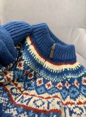 外贸原单尾货大牌蓝色费尔岛高领拉链毛衣外套女装慵懒风针织开衫