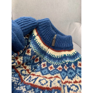 外贸原单尾货大牌蓝色费尔岛高领拉链毛衣外套女装慵懒风针织开衫