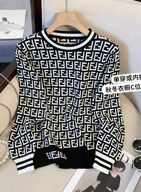 捡漏欧货撞色提花长袖针织衫女生秋冬内搭圆领轻奢高级感打底毛衣