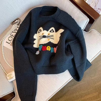 针织衫套头黑色圆领打底毛衣女装秋冬设计感小众慵懒风宽松高级感