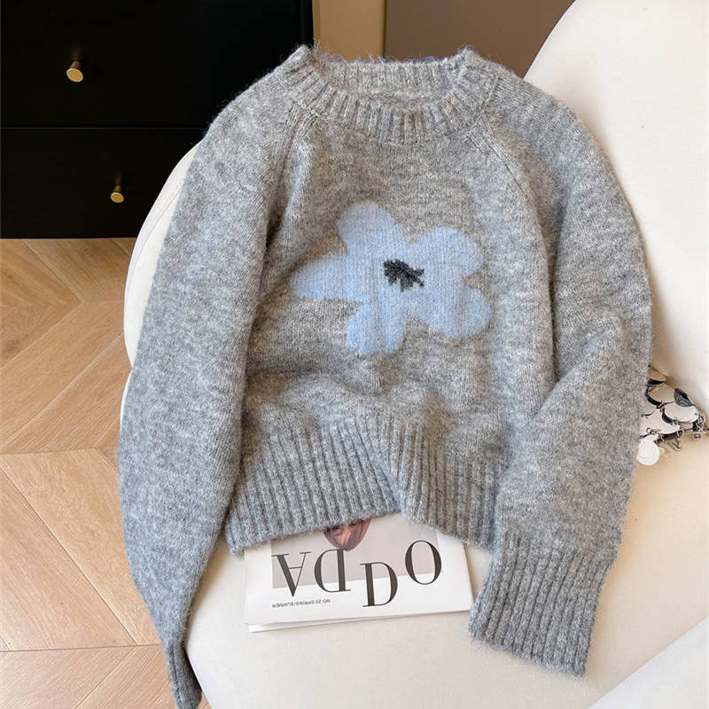 韩系穿搭花朵提花圆领毛衣女装2025秋冬新款短款套头毛针织衫上衣