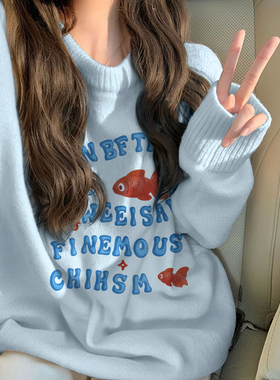 尾货原单外贸韩版卡通印花加绒毛衣女宽松显瘦减龄天蓝色长袖上衣
