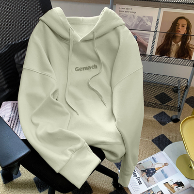 奶fufu字母刺绣浅绿色韩货高级感设计感慵懒风刺绣长袖连帽卫衣女