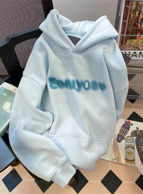 加绒外套秋冬款奶蓝色连帽卫衣女秋冬oversize宽松百搭休闲上衣潮