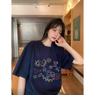 t恤女2026新款爆款夏季纯棉短袖藏蓝色宽松半袖内搭打底衫上衣