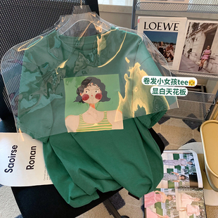 捡漏~绿色趣味卡通图案t恤女短袖潮牌夏季设计感别致体恤上衣