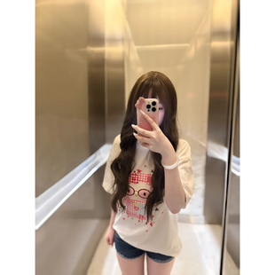 休闲中长款韩版卡通印花短袖T恤女夏季宽松圆领白色上衣潮流女装