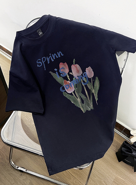 深蓝色潮牌宽松ins潮流简约印花休闲百搭圆领小众短袖t恤男女夏季