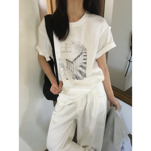 宽松百搭简笔画印花短袖 韩版 T恤女休闲上衣 新款 韩国东大门春夏季
