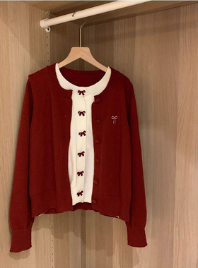 经典宽松韩系蝴蝶结红色假两件开衫毛衣女秋冬松弛感慵懒风针织衫