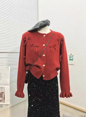 圆领毛衣秋冬甜美红色蓝色小香风蝴蝶结针织衫外套女春秋开衫上衣