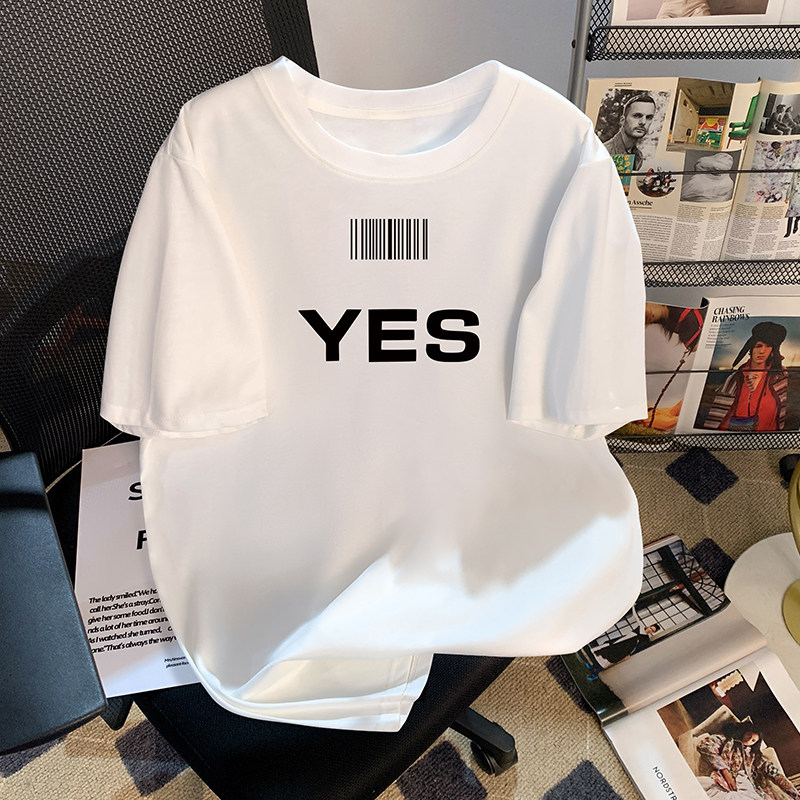 捡漏清仓时尚设计感YES字母印花t恤女气质减龄百搭条形码短袖上衣
