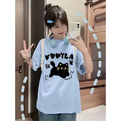 男女通用韩版卡通猫咪印花短袖T恤男女宽松oversize天蓝色上衣夏