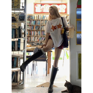 T恤女2026夏季 宽松短袖 白色圆领印花上衣纯棉 韩版 宽松型中长款