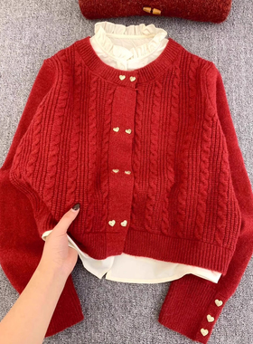 外贸原单尾货大牌本命年红色毛衣外套女假两件设计感新年针织上衣