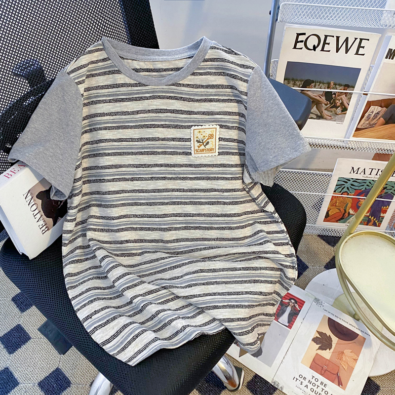 捡漏清仓特大码300斤纹撞色拼接短袖t恤情侣男女装上衣设计感小众