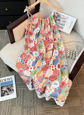 捡漏多巴胺碎花拼接花边连衣裙女夏季减龄宽松三亚海边度假沙滩裙