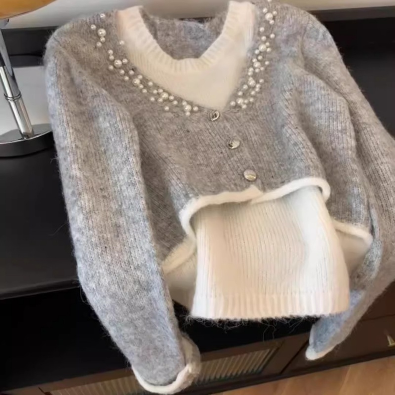 灰色叠穿假两件上衣女套头气质针织衫毛衣慵懒风高级感设计感小众