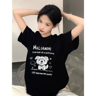 男女通用韩版卡通小狗印花短袖T恤女宽松显瘦百搭黑色上衣夏季