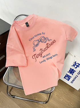 美式国潮牌重磅粉红色印花短袖男女t恤夏宽松高街纯棉情侣装体恤