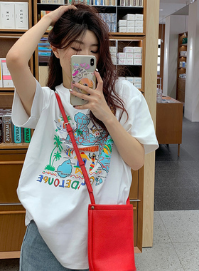 捡漏~白色圆领短袖t恤女纯棉2025夏新款韩版宽松百搭显瘦印花上衣