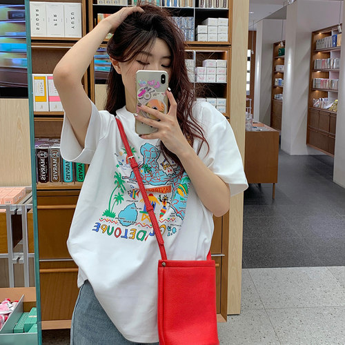 捡漏~白色圆领短袖t恤女纯棉2025夏新款韩版宽松百搭显瘦印花上衣