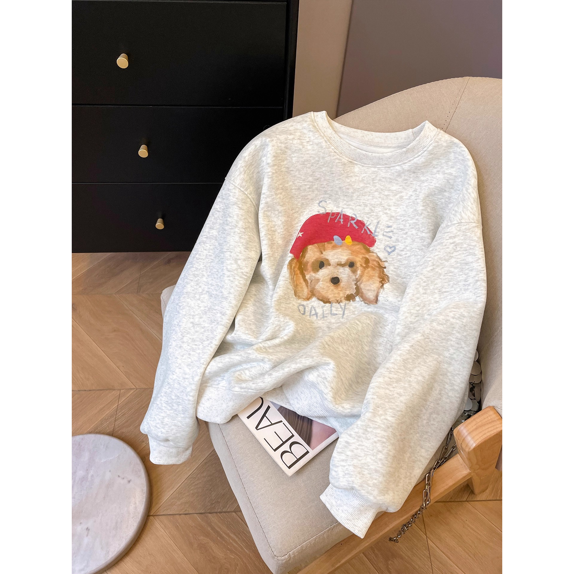 外贸原单尾货大牌韩式可爱风小狗印花圆领卫衣女男设计感小众上衣