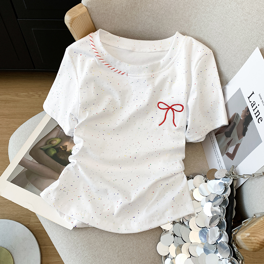 捡漏清仓纯棉蝴蝶结刺绣掐腰正肩短袖t恤女夏季新款彩点短款上衣