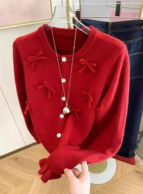新年小个子上衣红色蝴蝶结圆领针织开衫女秋冬季甜美减龄软糯毛衣