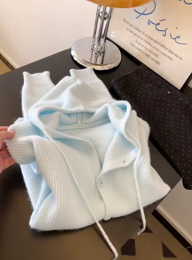 软糯韩系减龄慵懒风浅蓝色单排扣连帽针织开衫女秋冬宽松显白上衣