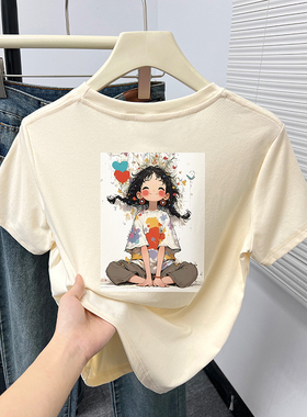 美式复古奶黄色圆领纯棉短袖T恤男女夏装2024年新款宽松半袖上衣