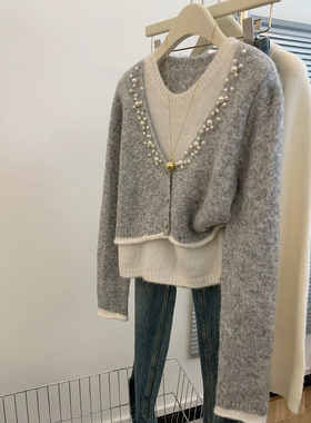 灰色韩系重工钉珠拼接假两件针织衫毛衣女长袖宽松显瘦设计感上衣
