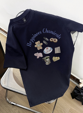 深蓝色印花短袖t恤夏季美式复古上衣圆领体恤2024年新款夏装情侣