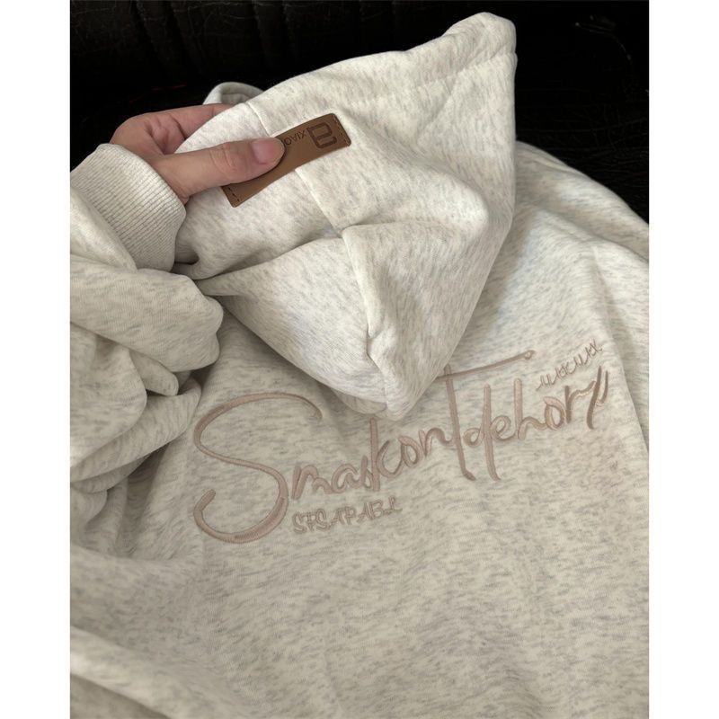 潮牌外套美式复古刺绣字母连帽卫衣男女灰色宽松加绒百搭重磅上衣