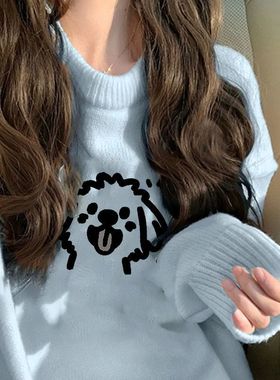 尾货原单外贸卡通小狗印花毛衣男女冬宽松圆领针织衫软糯蓝色上衣