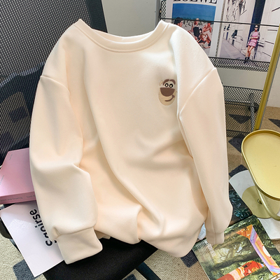 无帽韩系女加绒洋气奶杏色休闲减龄卡通小熊刺绣宽松秋冬独特别致