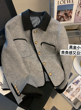 专柜一线大牌法式小香风撞色翻领外套女装短款高级感灰色毛呢上衣