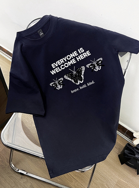 深蓝色短袖t恤男女情侣小众设计感印花上衣夏季韩版显瘦纯棉体恤