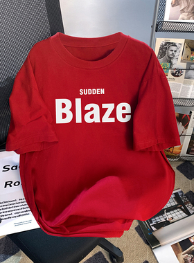 捡漏夏季红色短袖t恤女宽松韩版纯棉字母印花打底衫小个子上衣ins