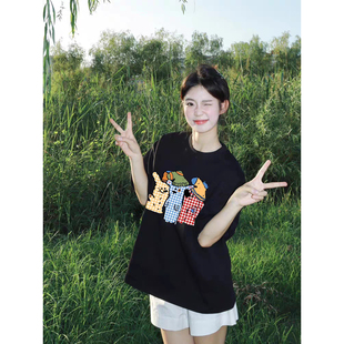 T恤女夏宽松百搭黑色上衣潮酷女装 卡通印花短袖 圆领套头韩版 夏季