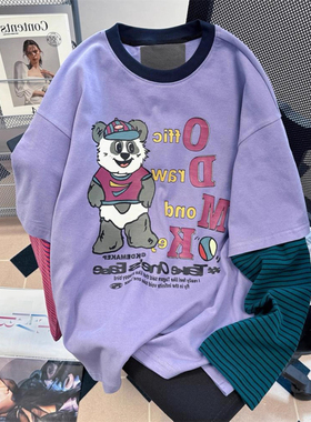 百搭套头拼接美式卡通风假两件长袖T恤女装紫色熊猫印花宽松上衣
