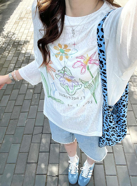 竹节棉夏新款薄款防晒罩衫女慵懒风宽松休闲百搭上衣长袖t恤女装