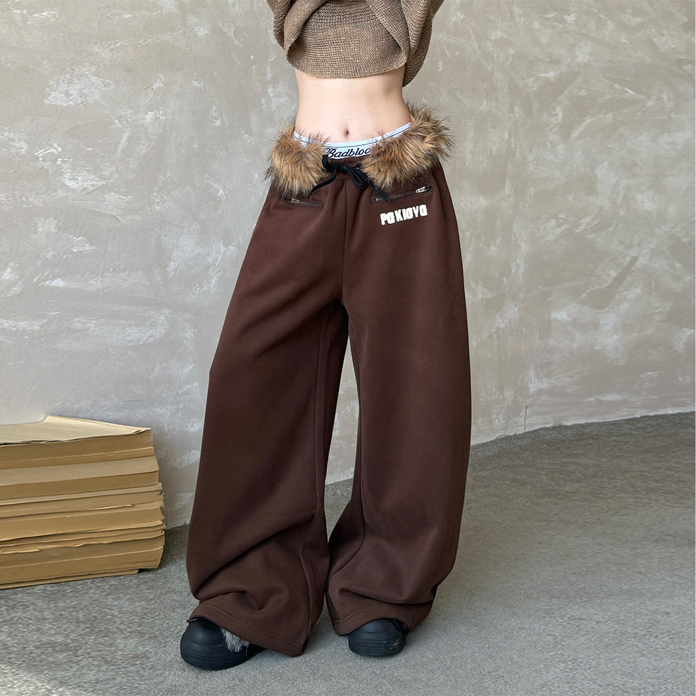 辣到中暑秋冬嘻哈美式复古毛领腰带设计感加厚休闲裤宽松阔腿裤,女装/女士精品,休闲裤,淘宝优惠券,粉丝福利购,淘宝优惠卷