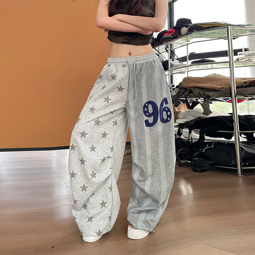 辣妹运动风嘻哈印花撞色阔腿卫裤