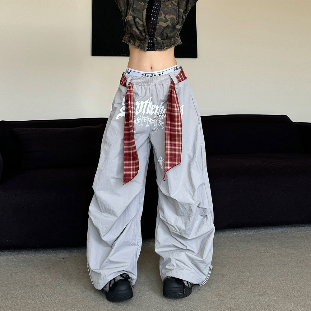 辣到中暑秋冬美式街舞嘻哈辣妹格子腰带褶皱阔腿裤加绒伞兵休闲裤