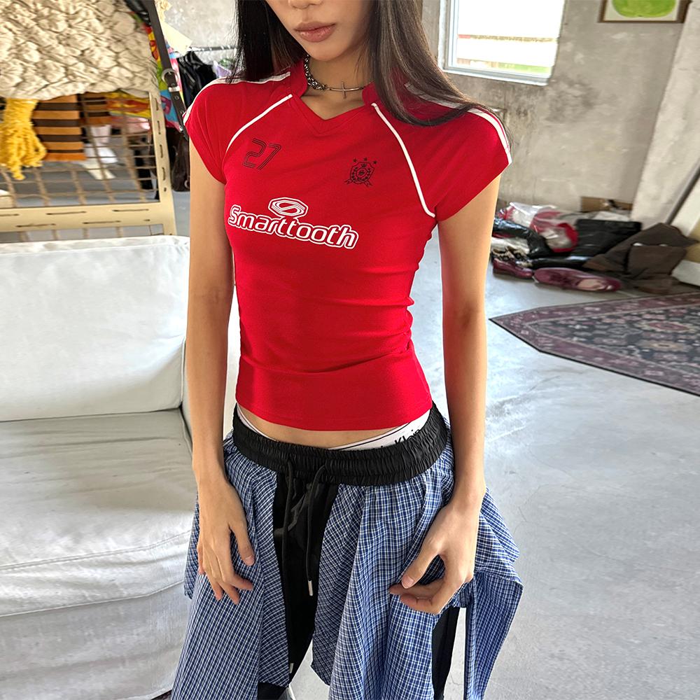 美式街头辣妹V领短袖T恤运动风