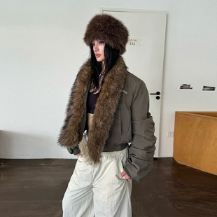 辣到中暑美式复古辣妹风皮草毛领拼接棉服短款外套宽松休闲面包服