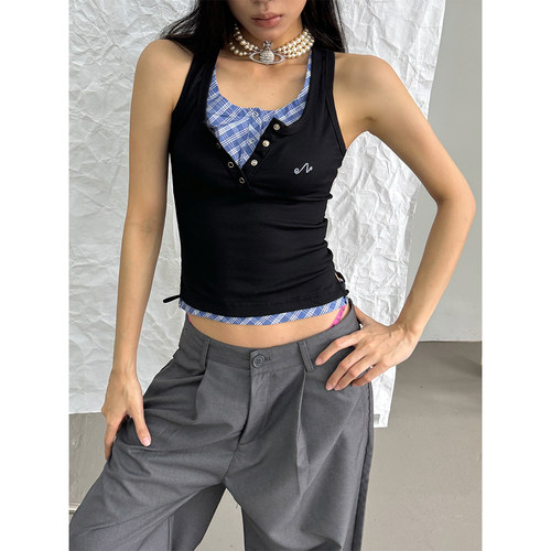 辣妹撞色拼接格纹假两件背心修身